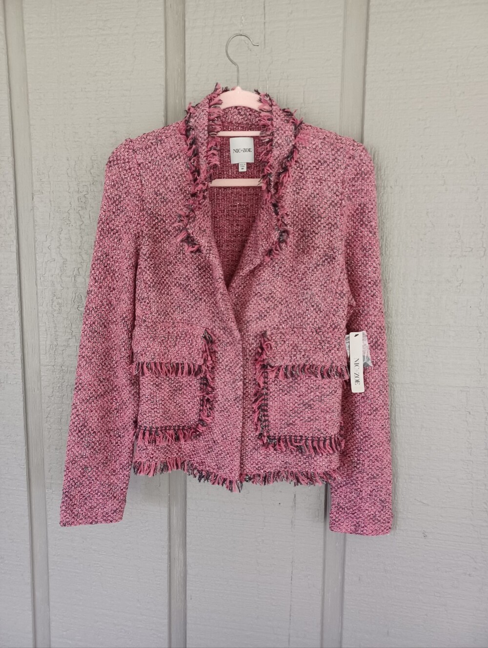 Nic And Zoe Marion Tweed Fringe Jacket Size M Women Cotton Blend Pockets Preppy